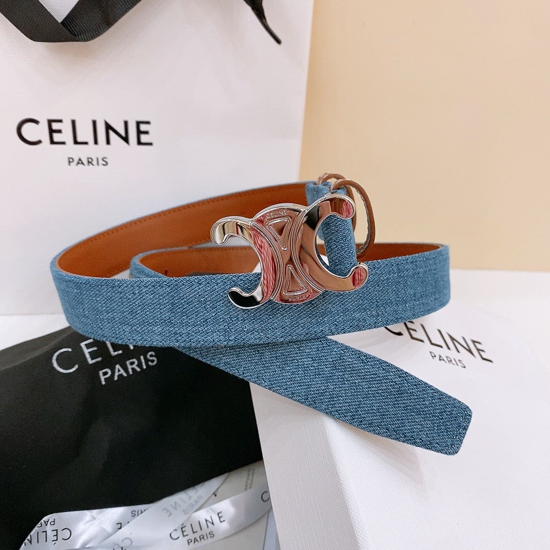 CELINE 25S BELT TRIOMPHE TAURILLON 25MM IN BROWN CALFSKIN AND DENIM 558354
